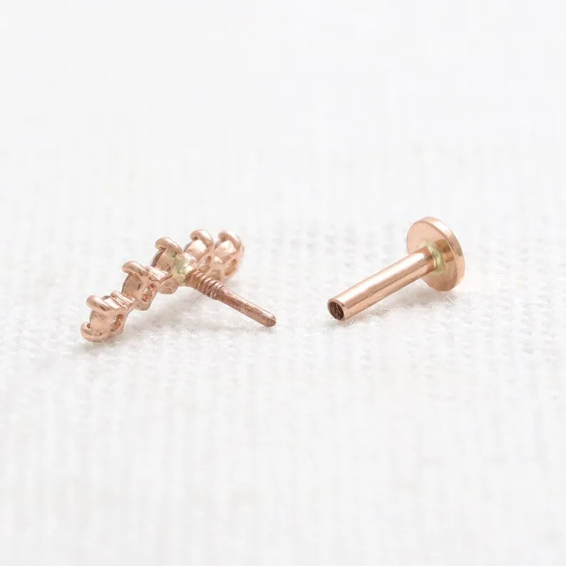 14K Gold Cartilage Helix Tragus Conch Genuine Cognac Diamonds Curved Stick Internally Threaded Flat Back Earring Labret