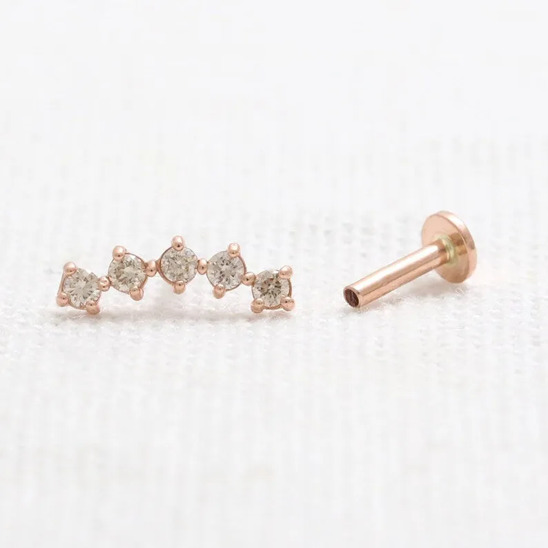 14K Gold Cartilage Helix Tragus Conch Genuine Cognac Diamonds Curved Stick Internally Threaded Flat Back Earring Labret