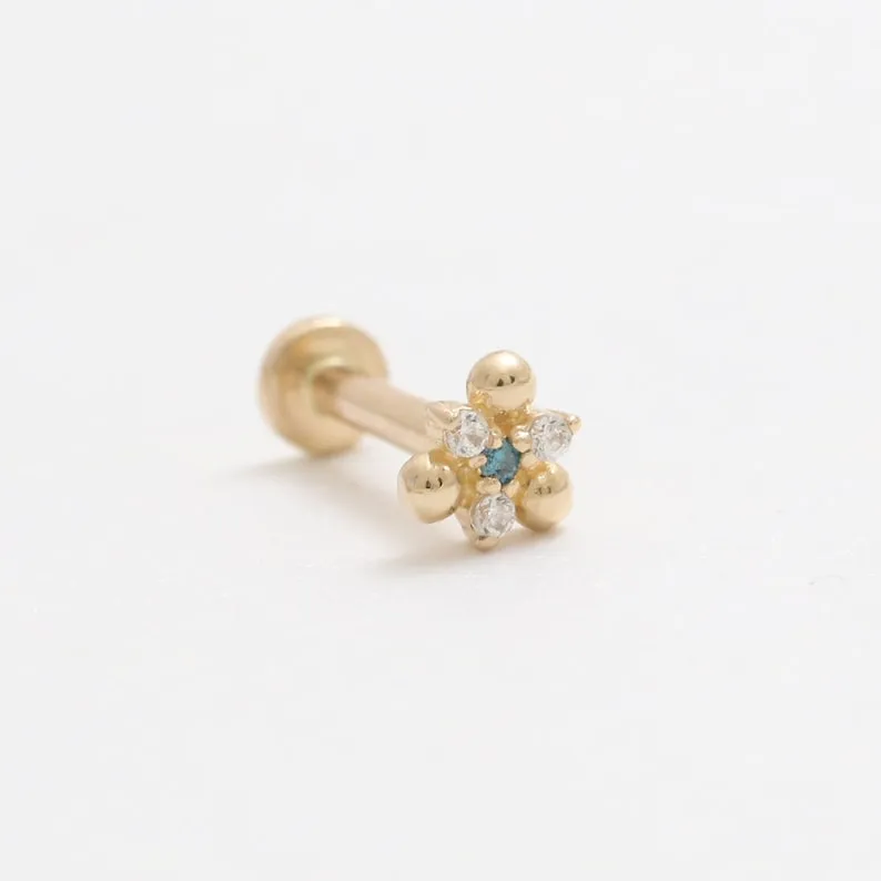 14K Gold Cartilage Helix Tragus Conch Genuine Diamond & Blue Diamond Accent Triple Bal Internally Threaded Flat Back Earring Lab