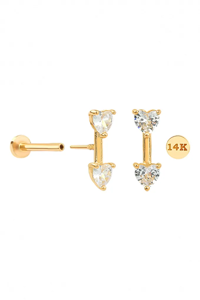 14k Gold Cz Double Heart Tragus Helix Internally Threaded Flat Back Earring Labret Stud