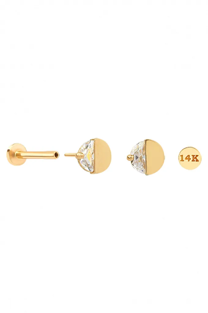 14k Gold Cz Half Round Cut Helix Cartilage Internally Threaded Flat Back Earring Labret Stud