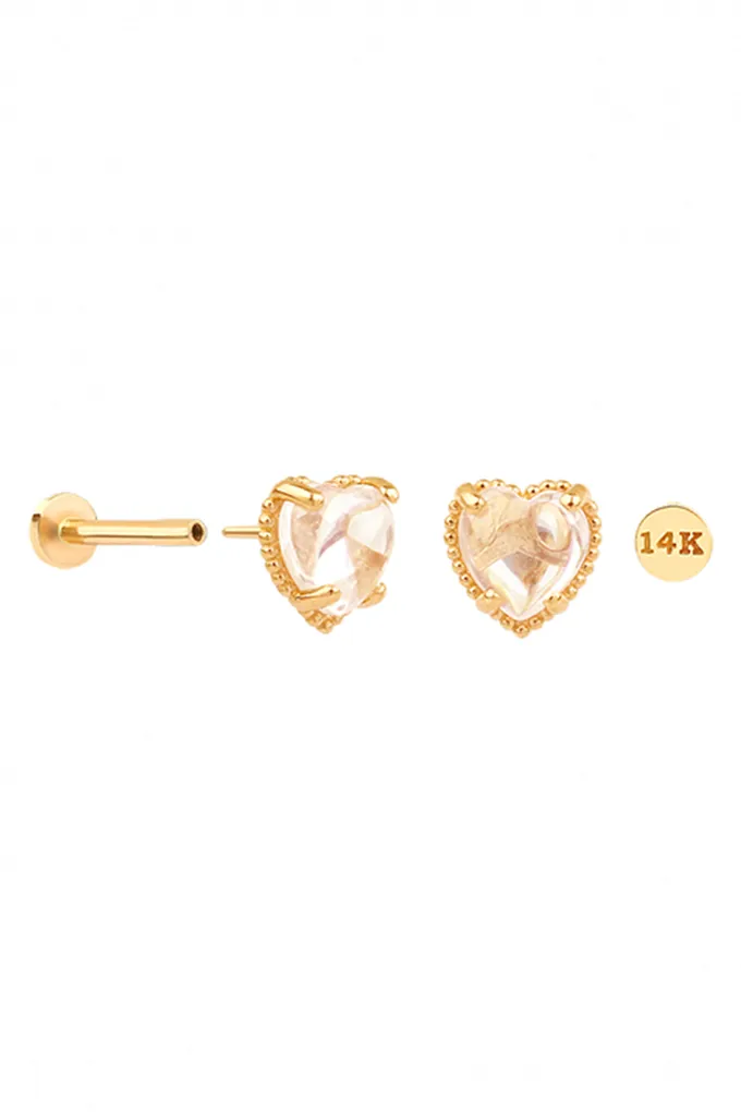 14k Gold Cz Heart Helix Cartilage Tragus Conch Internally Threaded Flat Back Earring Labret Stud