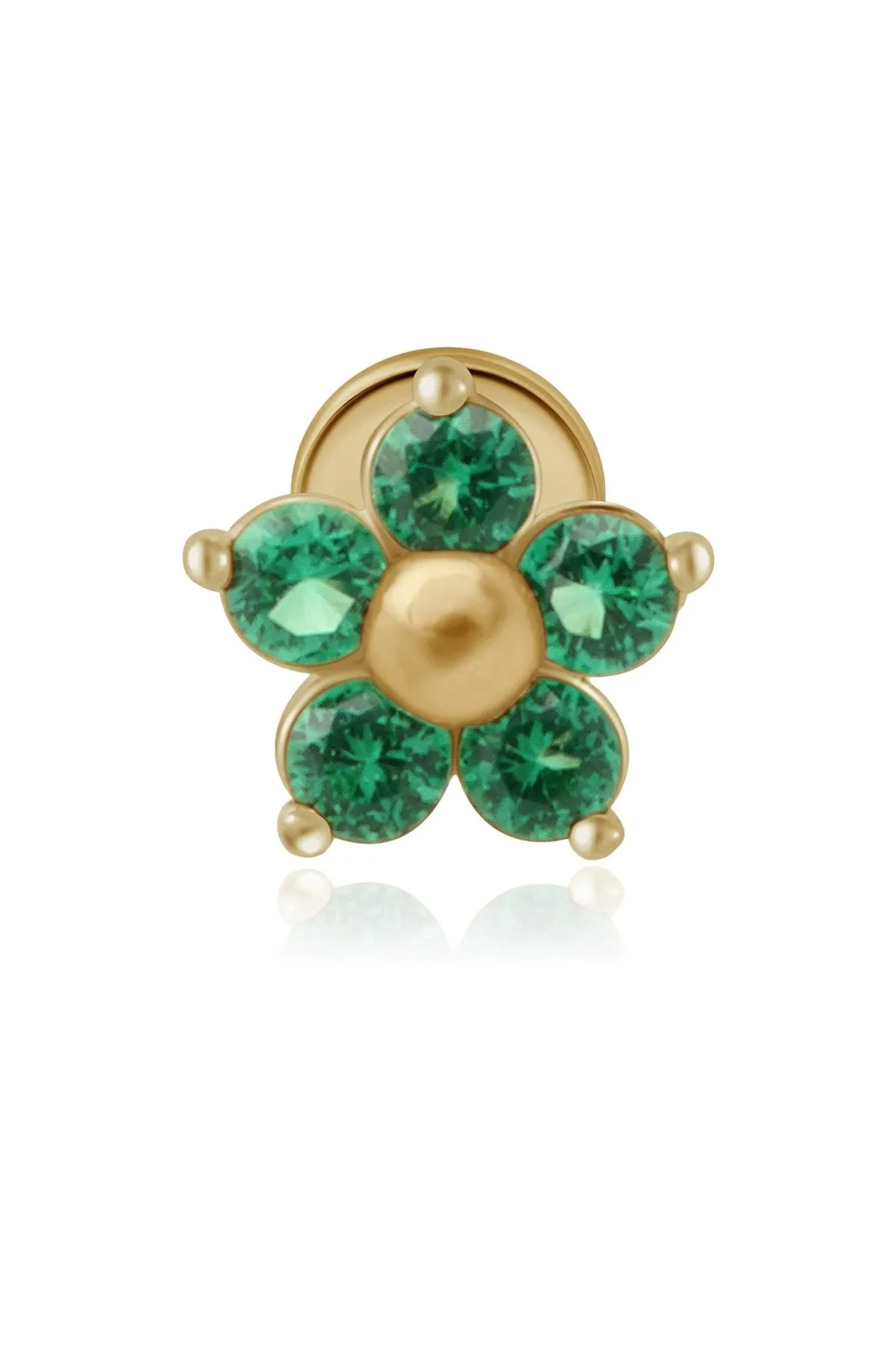 14k Gold Emerald Flower Tragus Helix Internally Threaded Flower Flat Back Earring Labret Stud