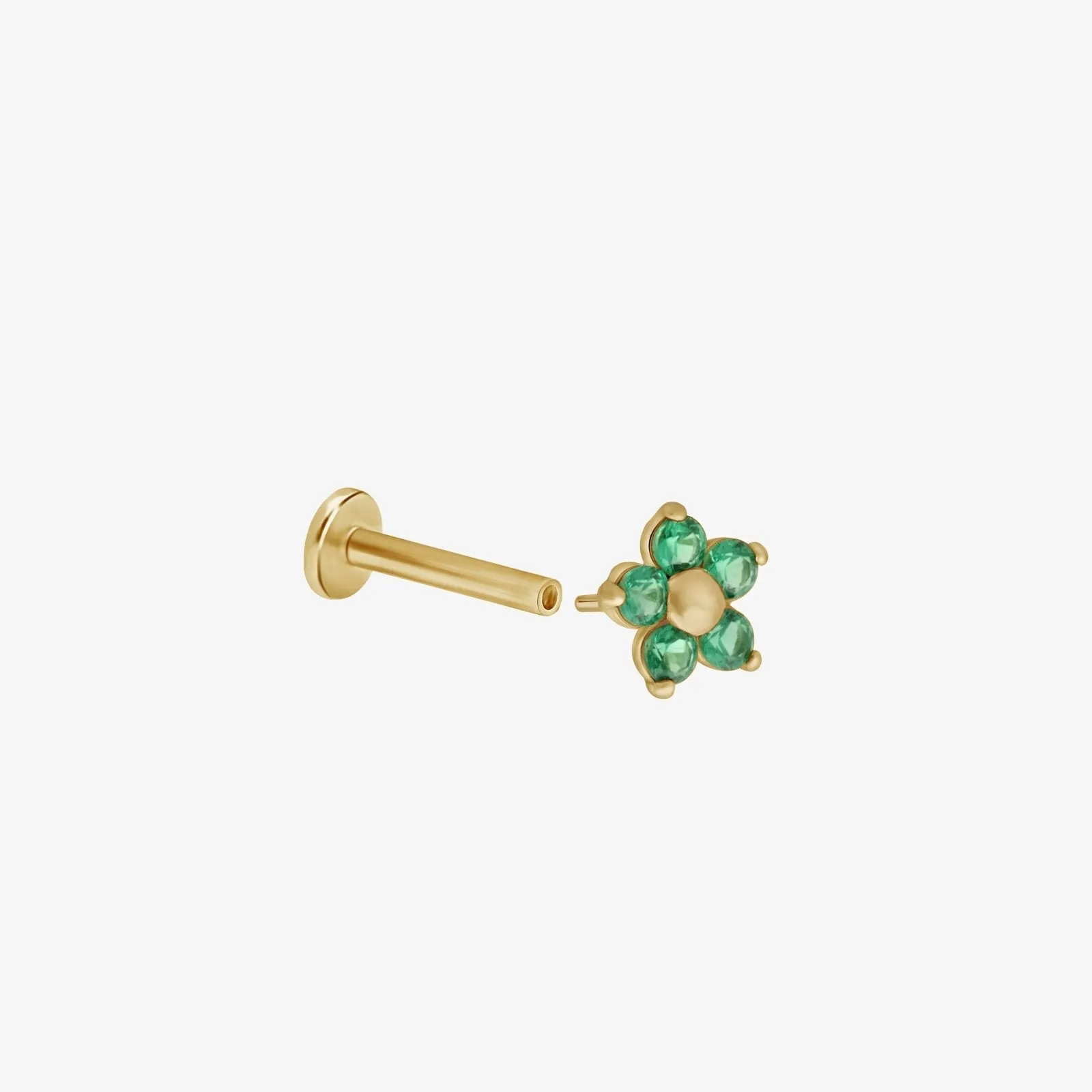 14k Gold Emerald Flower Tragus Helix Internally Threaded Flower Flat Back Earring Labret Stud