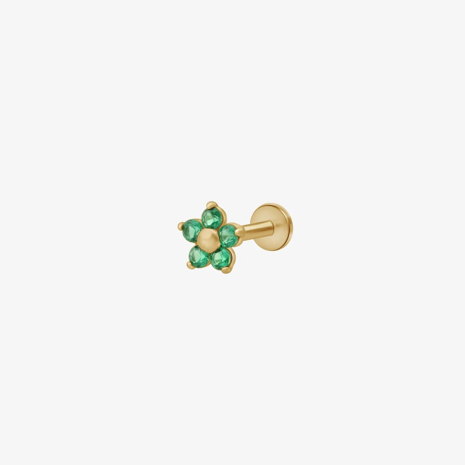 14k Gold Emerald Flower Tragus Helix Internally Threaded Flower Flat Back Earring Labret Stud