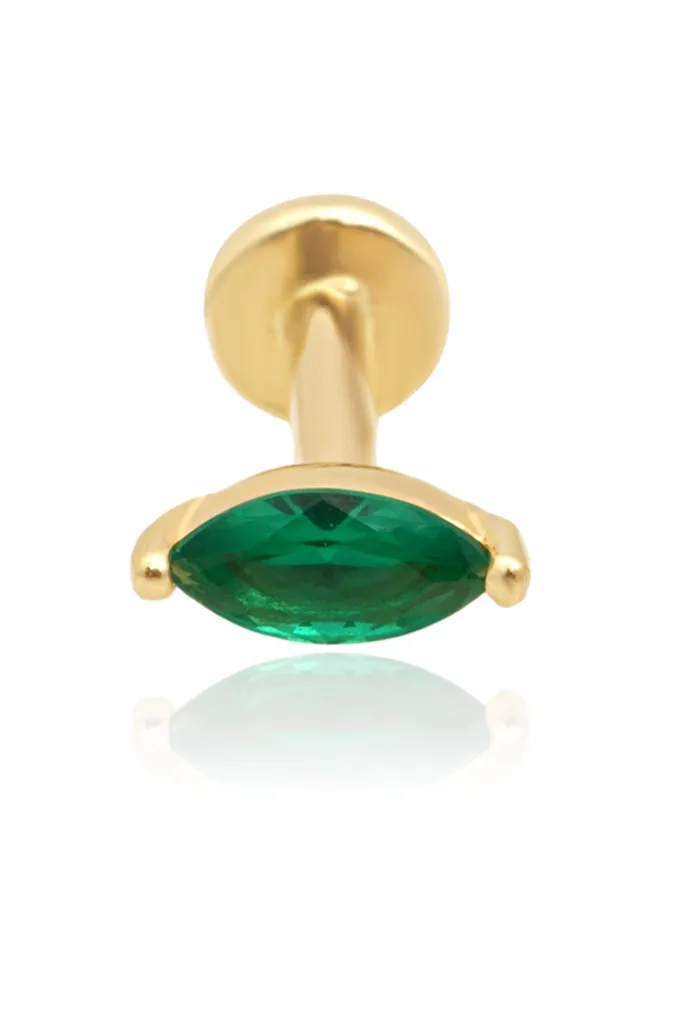 14K Gold Emerald Marquise Setting Helix Tragus Internally Threaded Flat Back Earring Labret Stud