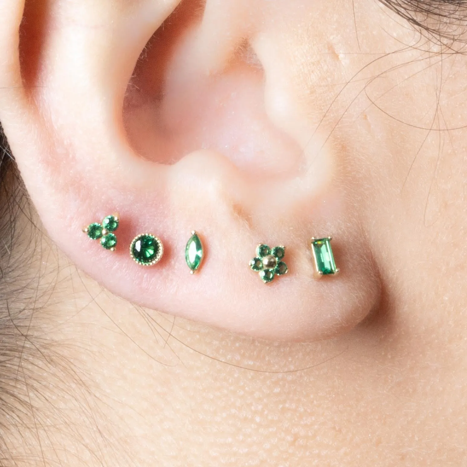 14K Gold Emerald Marquise Setting Helix Tragus Internally Threaded Flat Back Earring Labret Stud