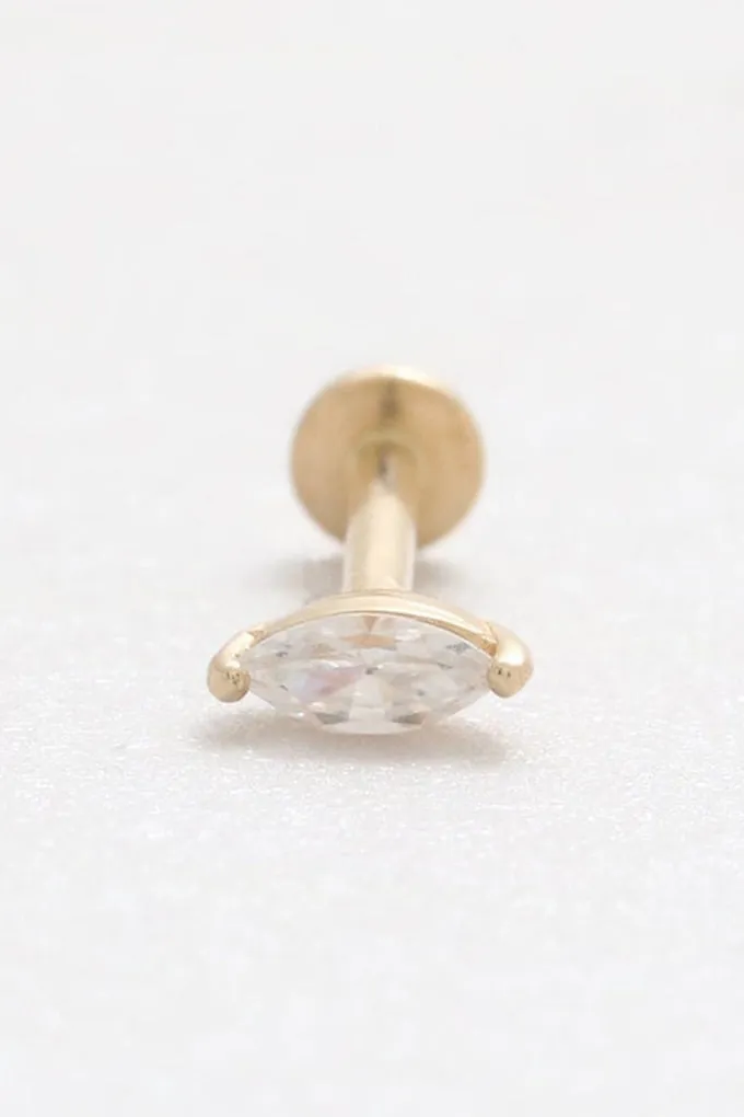 14K Gold Marquise CZ or Moissanite Genuine Diamond Internally Threaded Flat Back Earring Labret