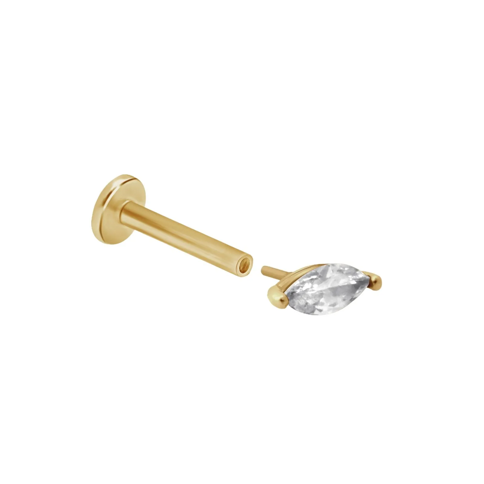 14K Gold Marquise CZ or Moissanite Genuine Diamond Internally Threaded Flat Back Earring Labret