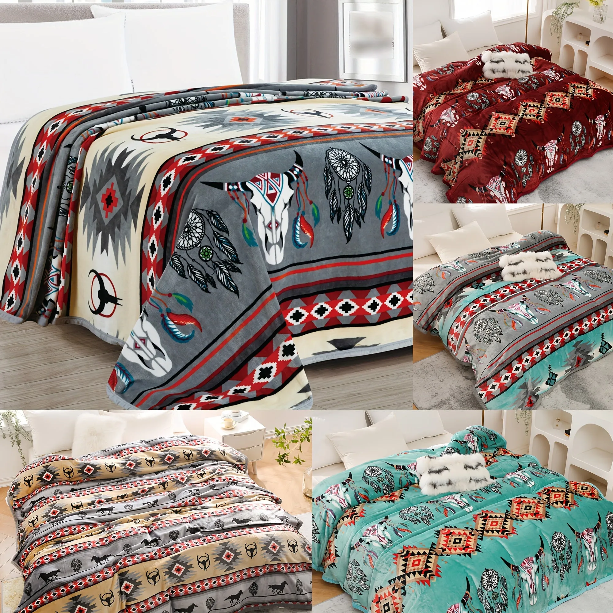 1pc  Southwestern Style Throw Blanket, 400GSM Soft Flannel Blanket For Sofa Office Bed Camping Travelling, 90.55*82.68inch