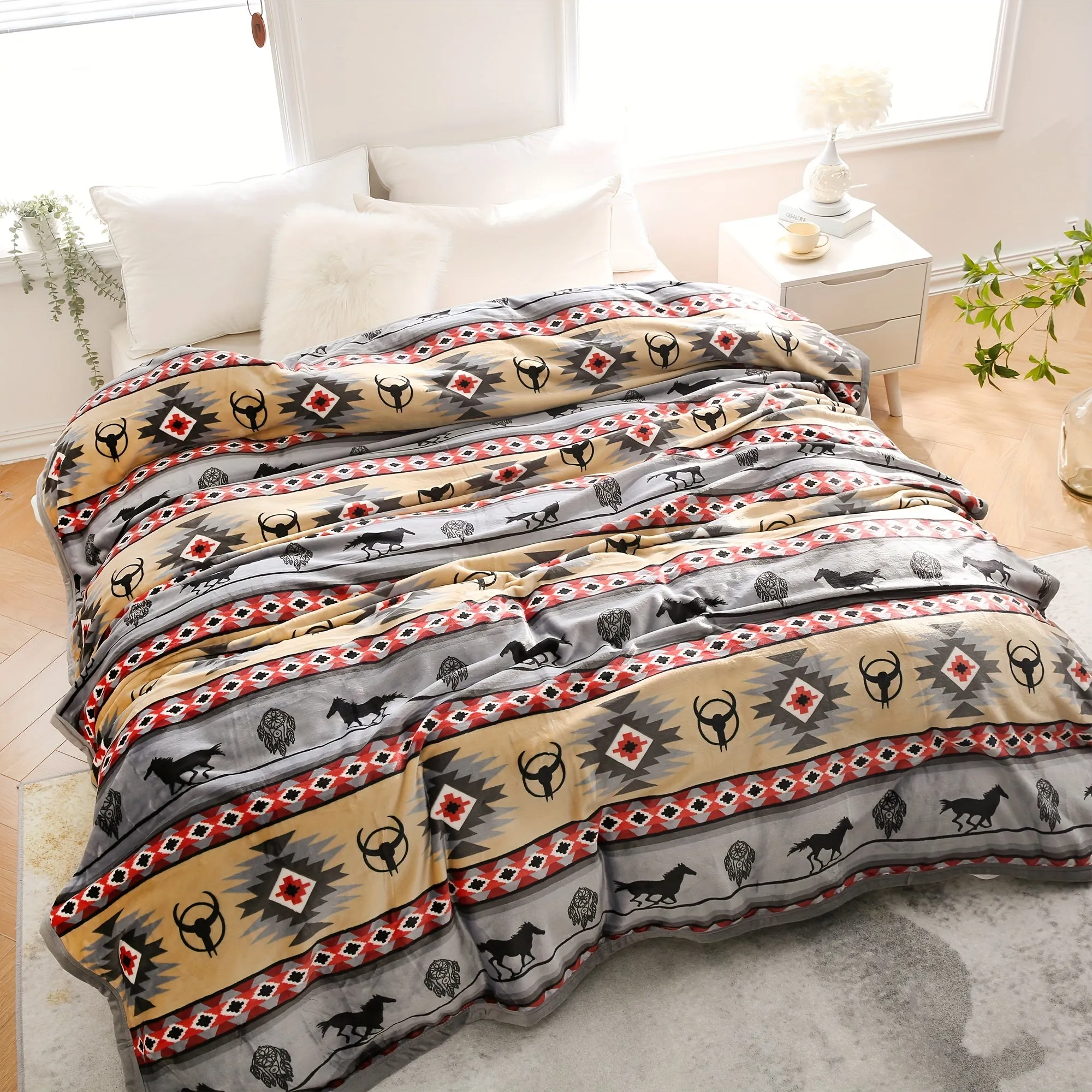 1pc  Southwestern Style Throw Blanket, 400GSM Soft Flannel Blanket For Sofa Office Bed Camping Travelling, 90.55*82.68inch