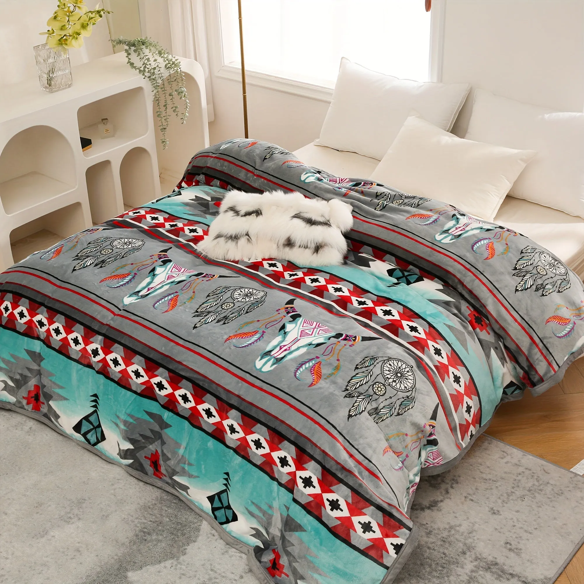 1pc  Southwestern Style Throw Blanket, 400GSM Soft Flannel Blanket For Sofa Office Bed Camping Travelling, 90.55*82.68inch