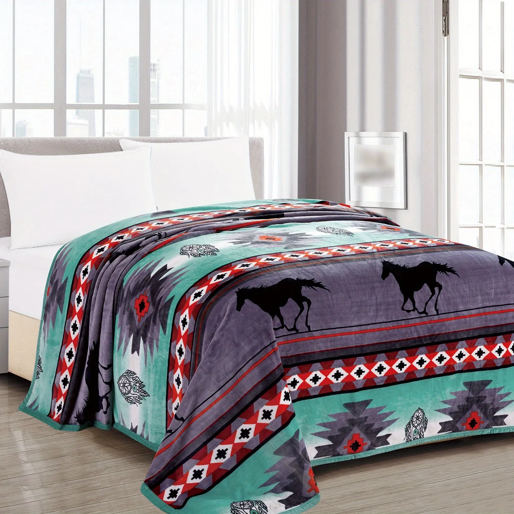 1pc  Southwestern Style Throw Blanket, 400GSM Soft Flannel Blanket For Sofa Office Bed Camping Travelling, 90.55*82.68inch