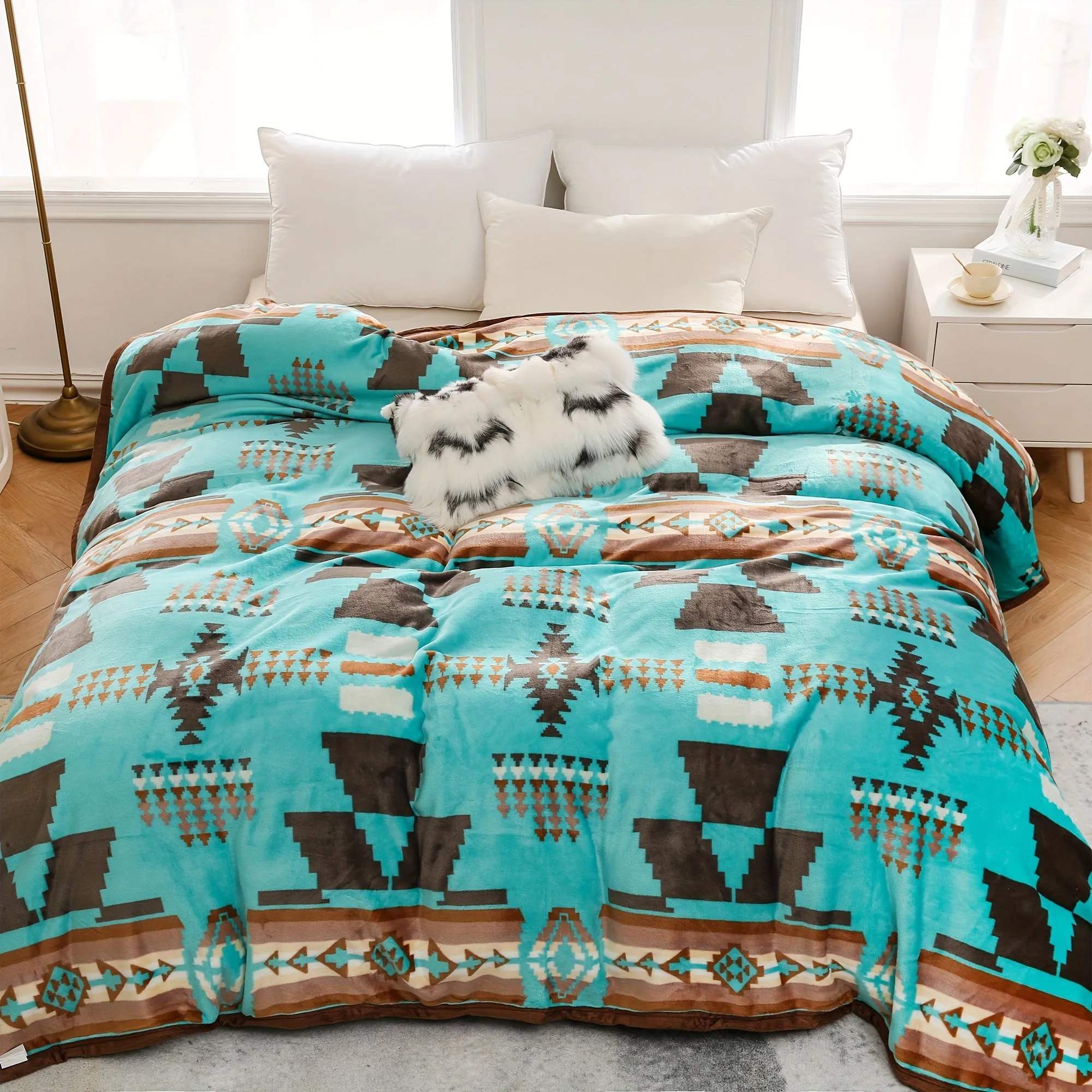 1pc  Southwestern Style Throw Blanket, 400GSM Soft Flannel Blanket For Sofa Office Bed Camping Travelling, 90.55*82.68inch