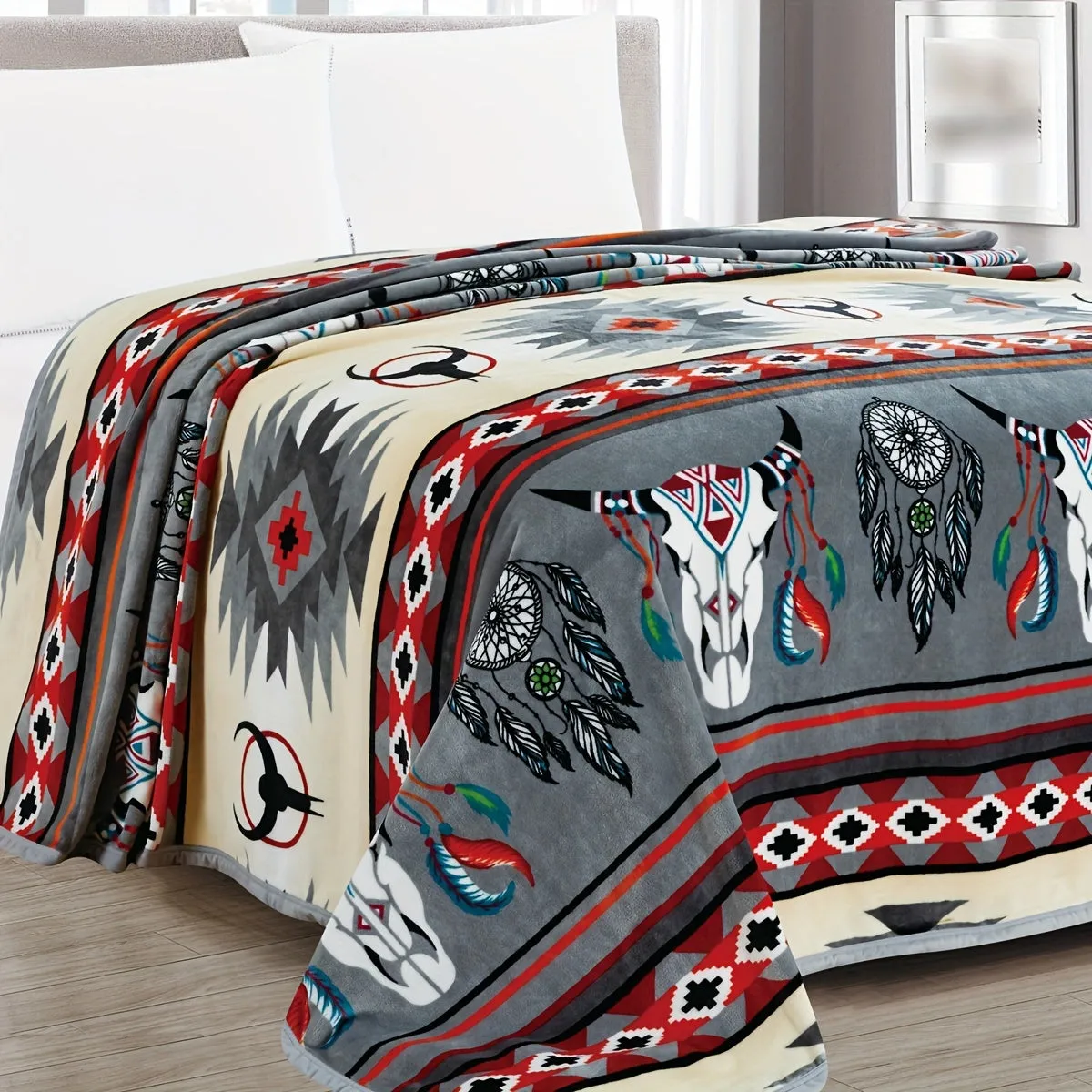 1pc  Southwestern Style Throw Blanket, 400GSM Soft Flannel Blanket For Sofa Office Bed Camping Travelling, 90.55*82.68inch