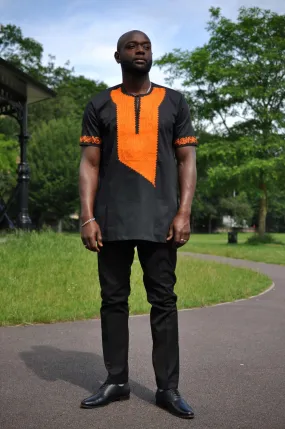 Akwesi Men’s Black & Orange Embroidery Shirt - African Clothing Store | JT Aphrique