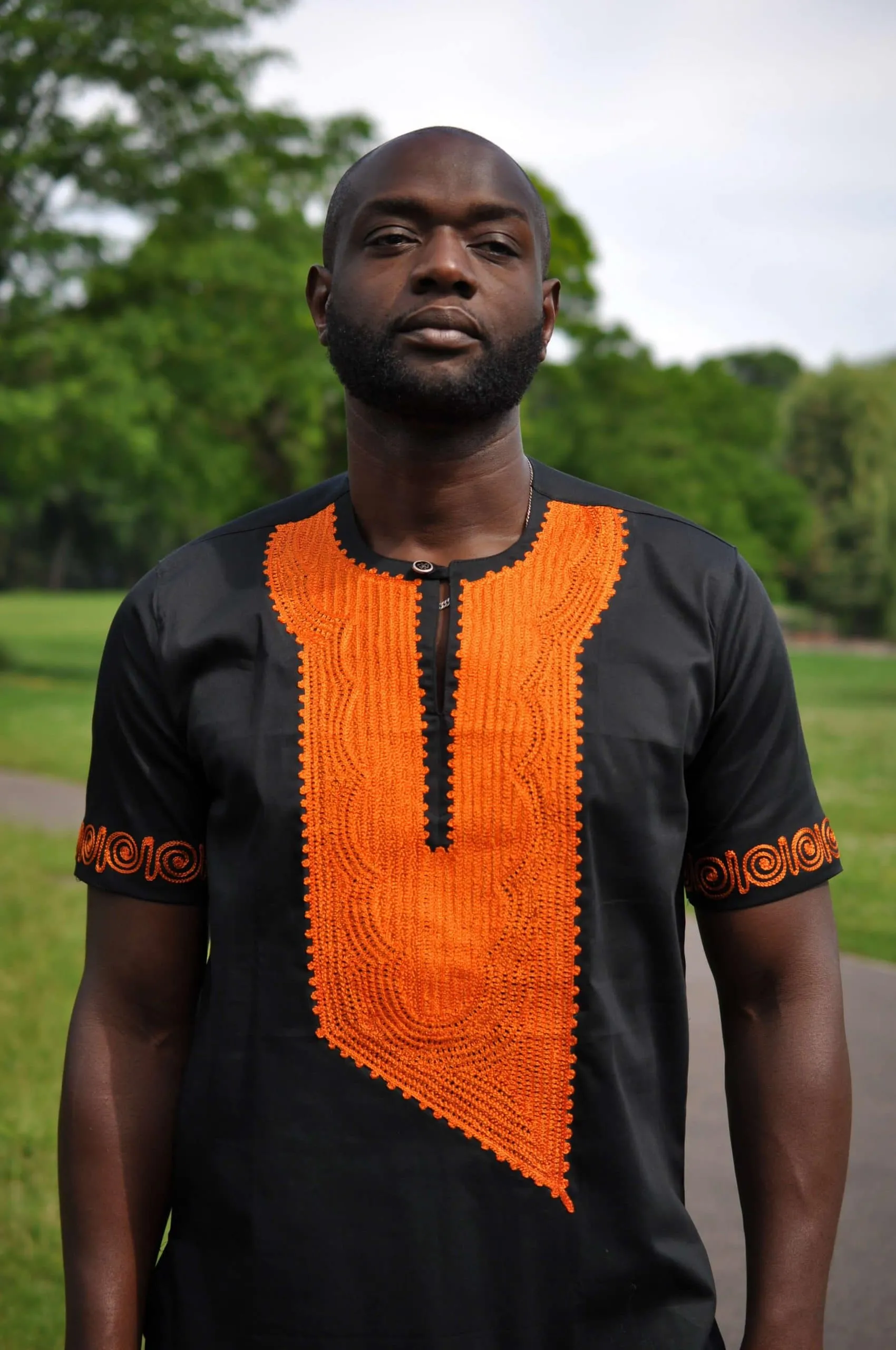 Akwesi Men’s Black & Orange Embroidery Shirt - African Clothing Store | JT Aphrique