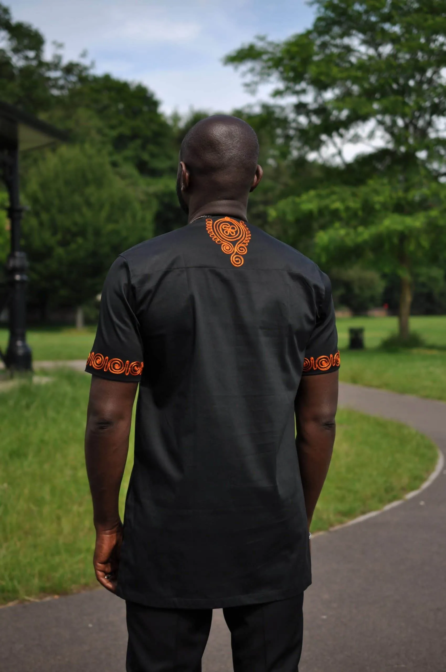 Akwesi Men’s Black & Orange Embroidery Shirt - African Clothing Store | JT Aphrique