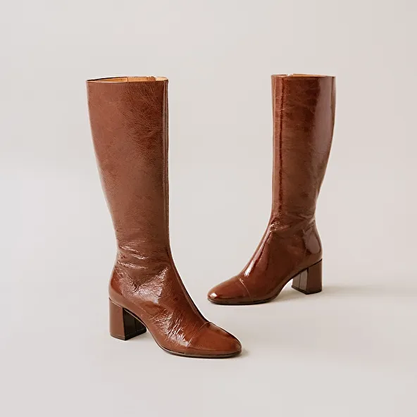 Boots with heels and pointed toes in brown shiny leather