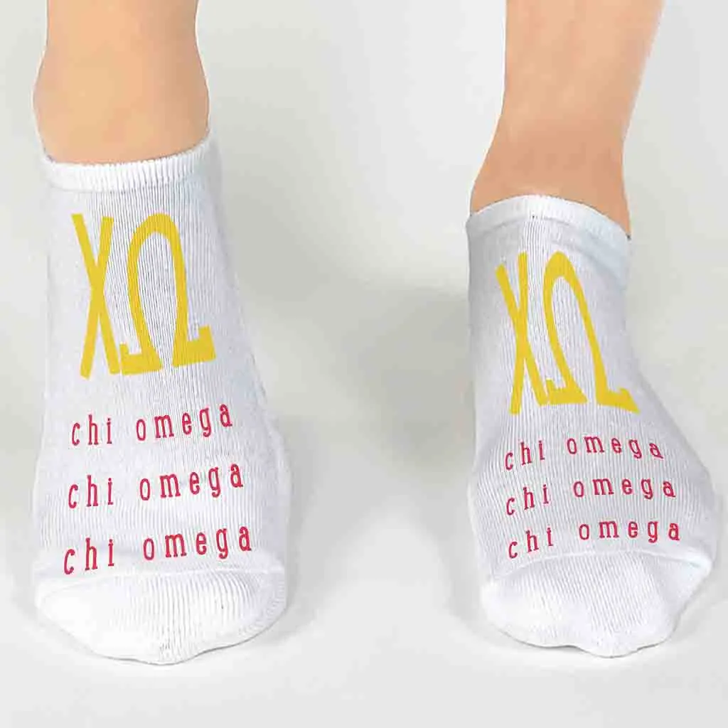 Chi Omega Sorority Socks with Large Greek Letters, Printed on No Show Socks