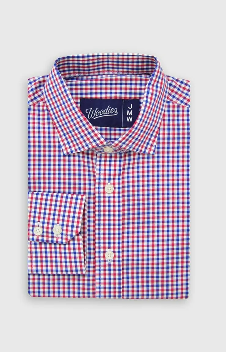 Comfortable Men's Shirt in Red, White & Blue Gingham - Woodies Clothing