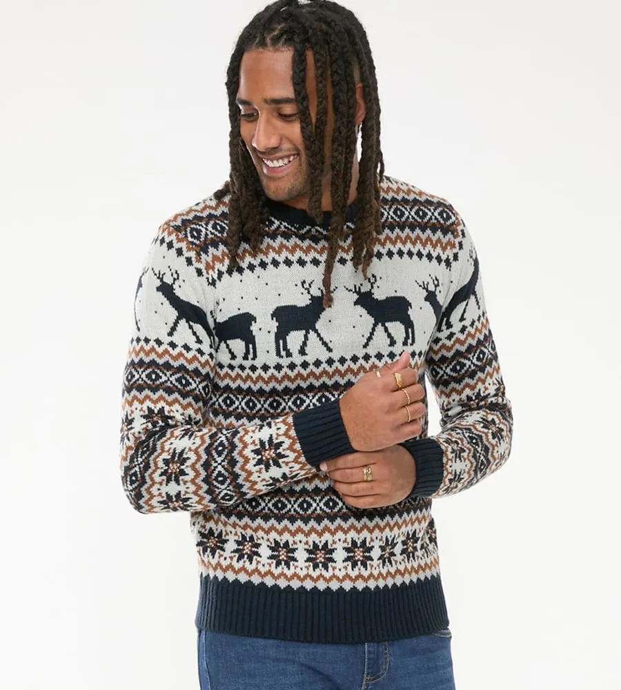 D555 Mens Christmas Jumper With Reindeer Design (ANTLER)