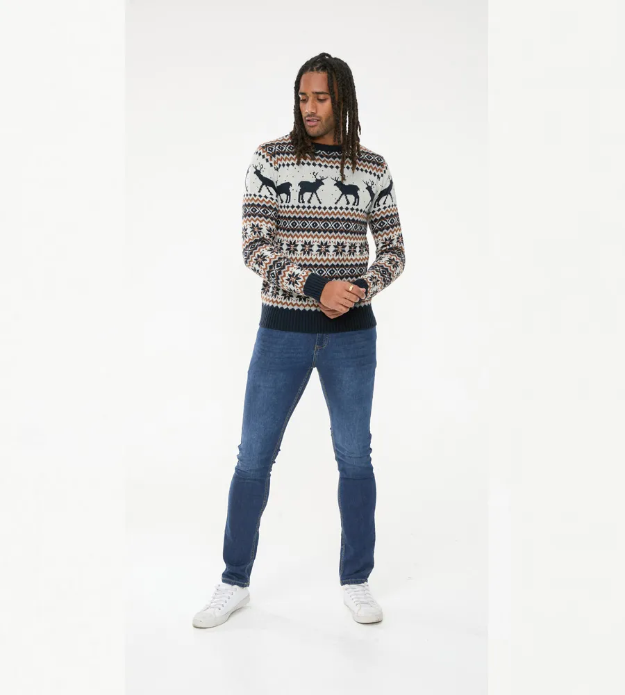 D555 Mens Christmas Jumper With Reindeer Design (ANTLER)