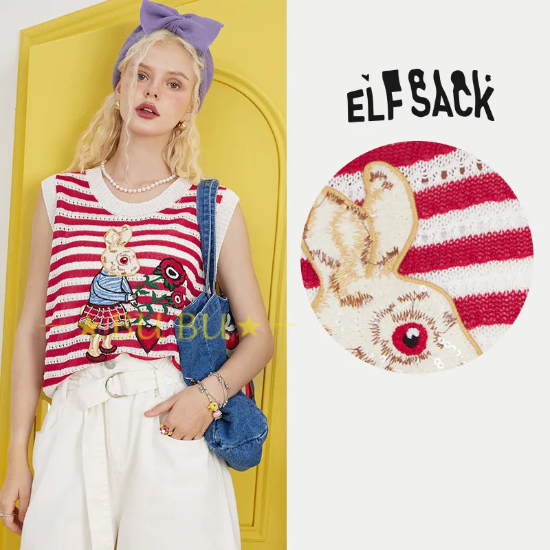 ELF SACK  |Crew Neck Short Stripes Casual Style Blended Fabrics