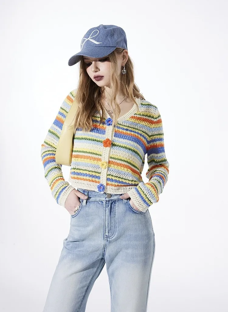 ELF SACK  |Stripes Casual Style Long Sleeves Cardigans