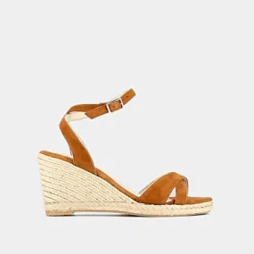 Espadrilles with high heels and straps in cognac leather