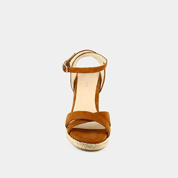 Espadrilles with high heels and straps in cognac leather