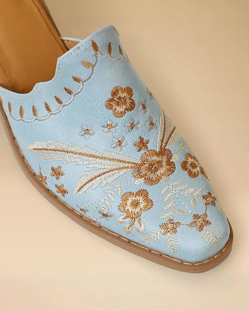 Floral Embroidery Chunky Heel Clogs