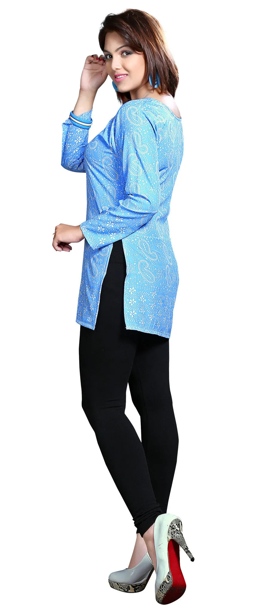 India Tunic Top Long  Kurti Womens Printed Indian Clothing (Blue)