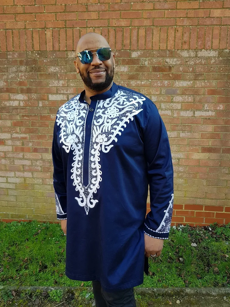 Kgosi Navy & Abstract White Embroidery Shirt - African Clothing Store | JT Aphrique