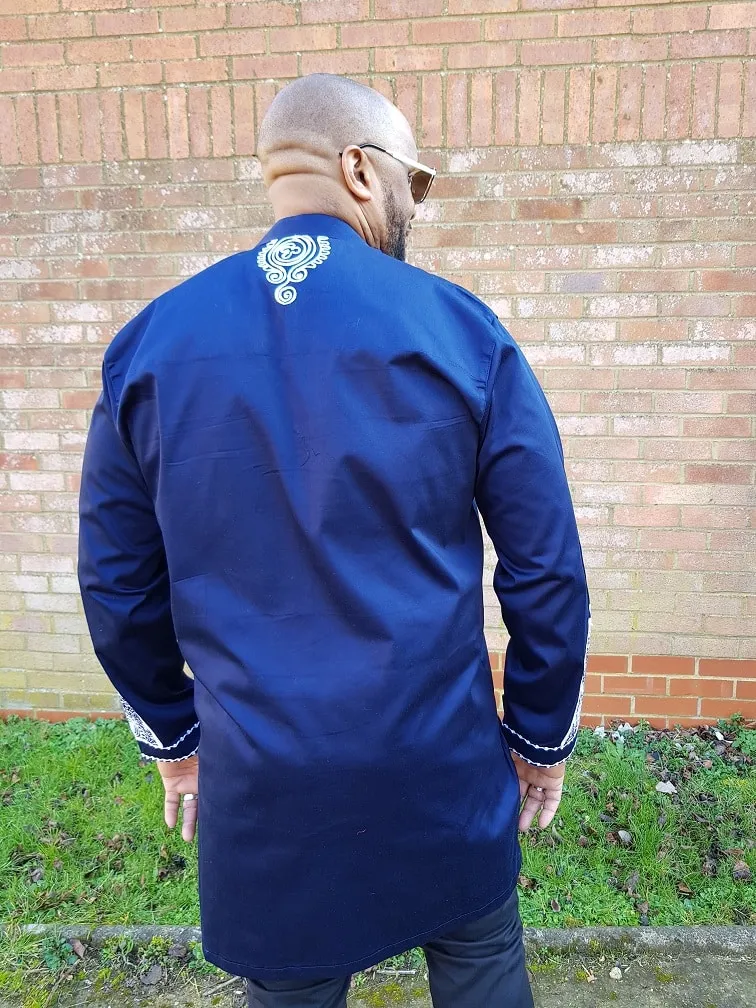 Kgosi Navy & Abstract White Embroidery Shirt - African Clothing Store | JT Aphrique