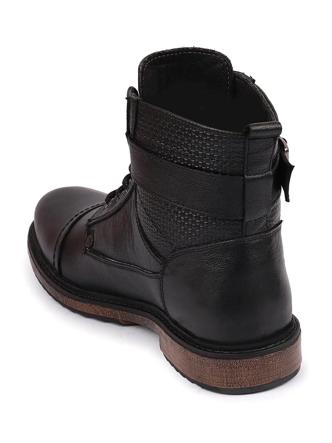 Men Black High Top Genuine Leather 7-Eye Lace Up Buckle Strap Work Cap Toe Winter Flat Boots