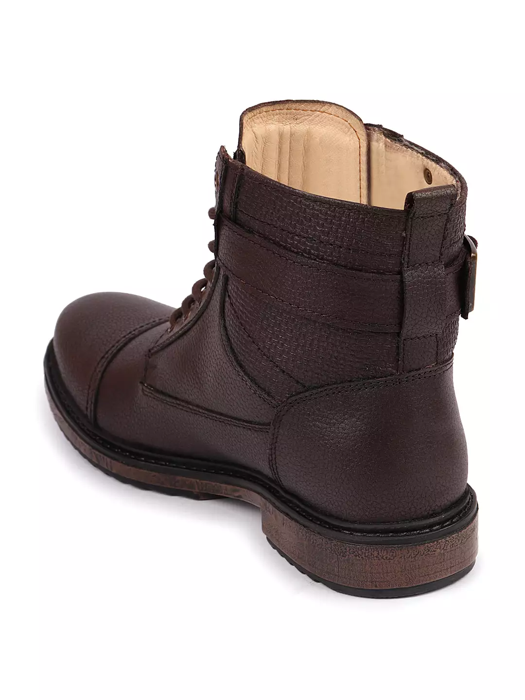 Men Brown High Top Genuine Leather 7-Eye Lace Up Buckle Strap Work Cap Toe Winter Flat Boots