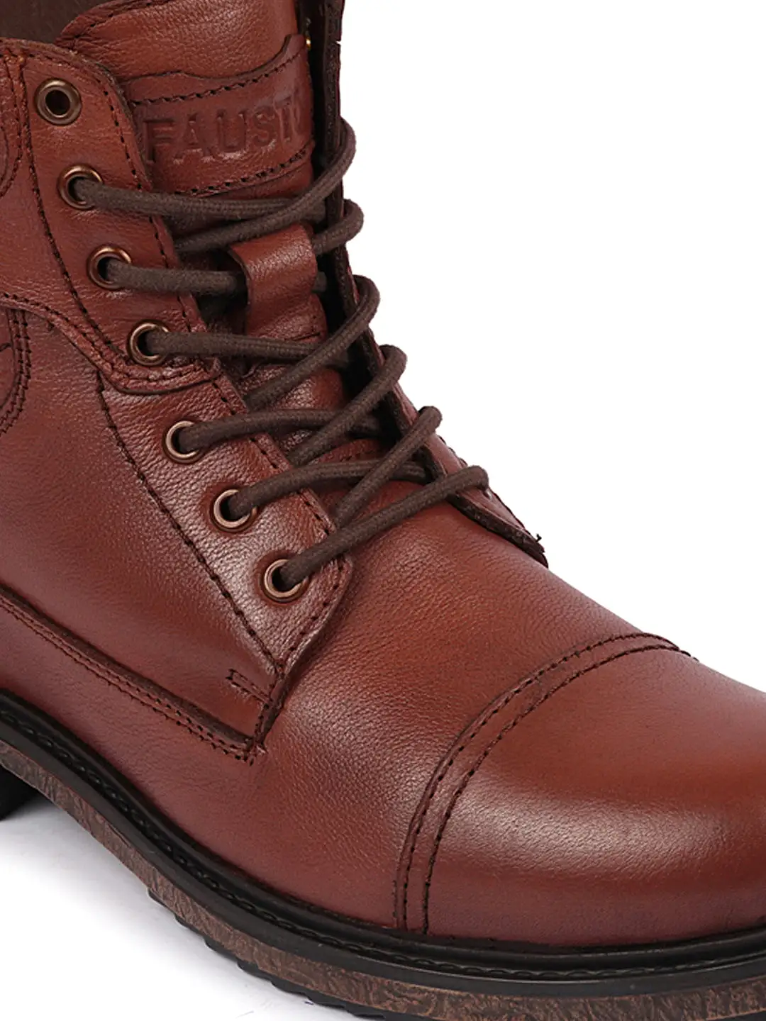 Men Tan High Top Genuine Leather 7-Eye Lace Up Buckle Strap Work Cap Toe Winter Flat Boots