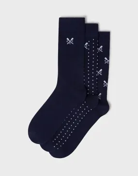 Men's 3 Pack Bamboo Socks - Crossed Oars Navy from Crew Clothing Company