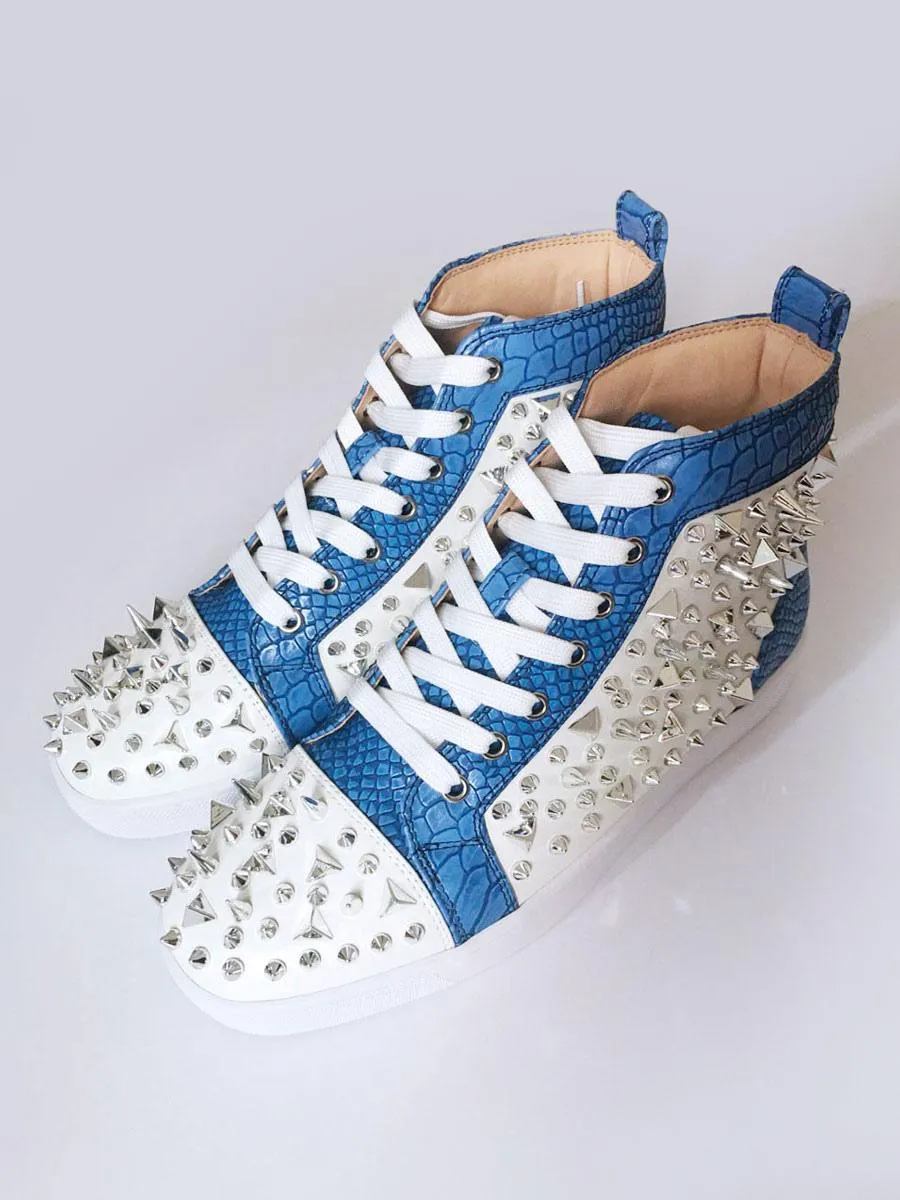 Men's Blue Flat Skate Board Shoes High Top Sneakers with Spikes Prom Homecoming Party Shoes