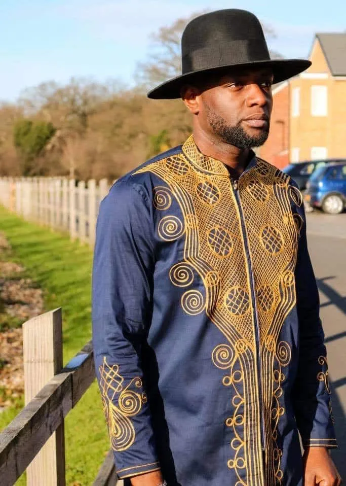 Navy & Gold Embroidered Shirt - African Clothing Store | JT Aphrique