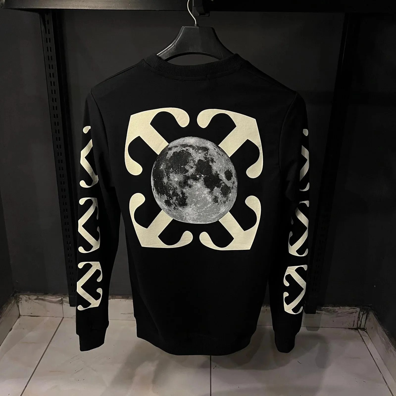 Off White Black Sweatshirt Moon Print on Back - The Nucleus Clothing