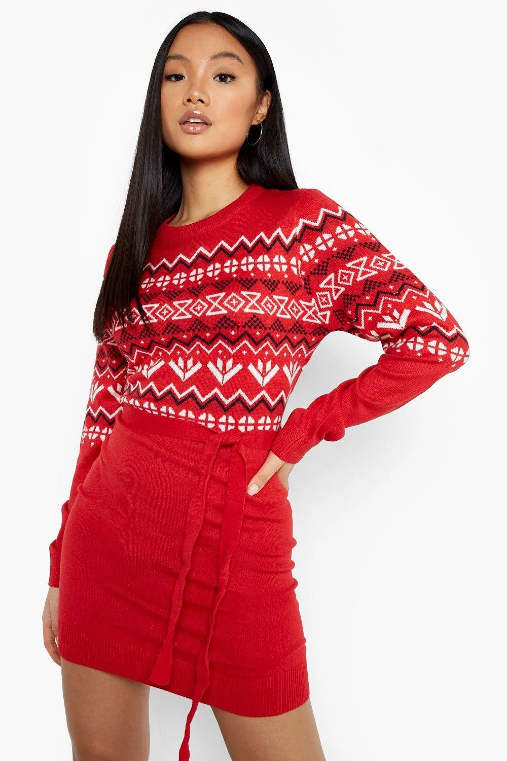 Petite Belted Knitted Christmas Sweater Dress