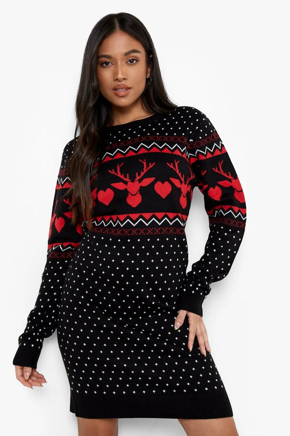 Petite Heart Reindeer Christmas Sweater Dress