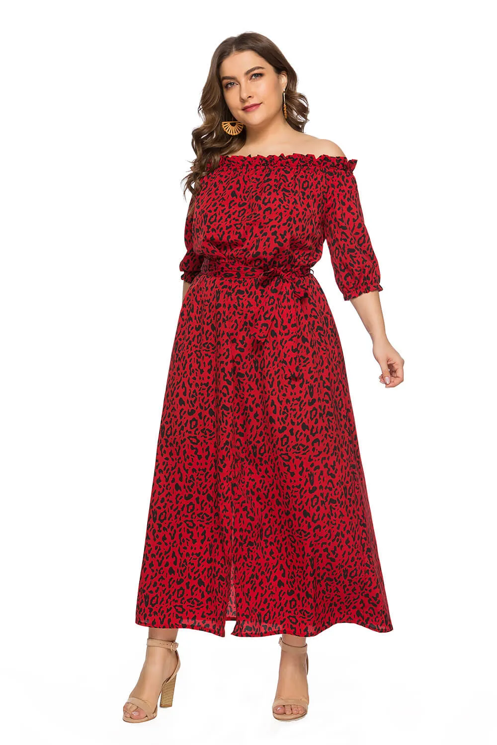 Plus Size Women's Clothing Summer New One-Line Collar Leopard Print Split Dress Beach Vacation Casual Dress