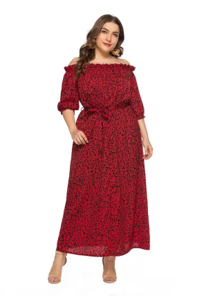 Plus Size Women's Clothing Summer New One-Line Collar Leopard Print Split Dress Beach Vacation Casual Dress