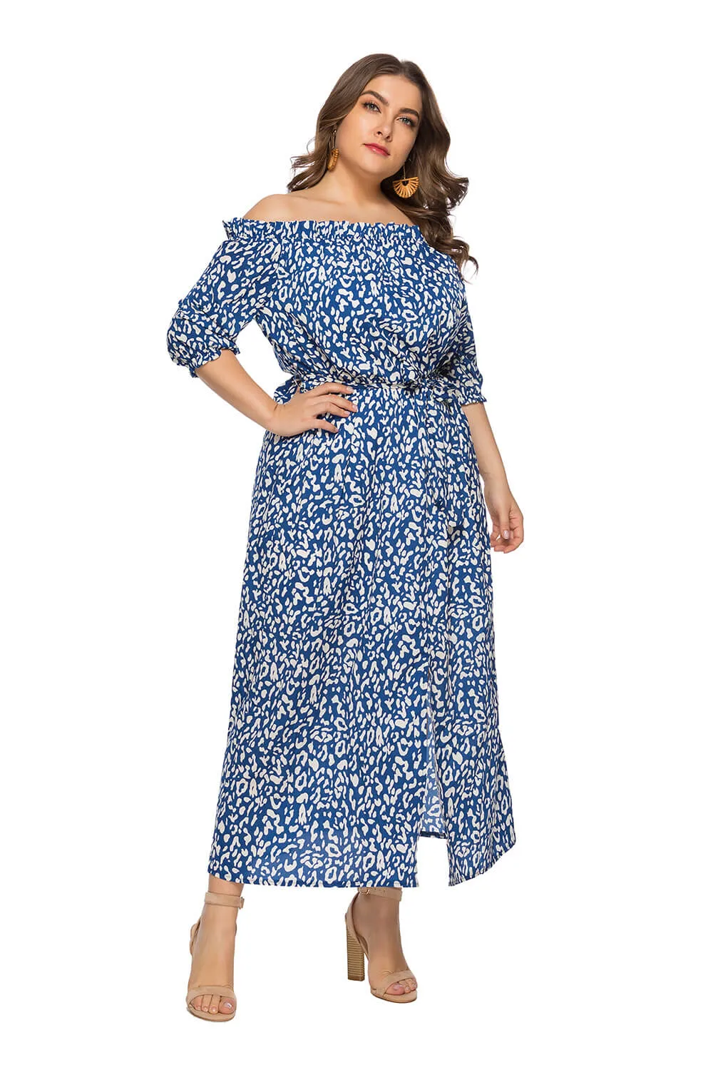 Plus Size Women's Clothing Summer New One-Line Collar Leopard Print Split Dress Beach Vacation Casual Dress