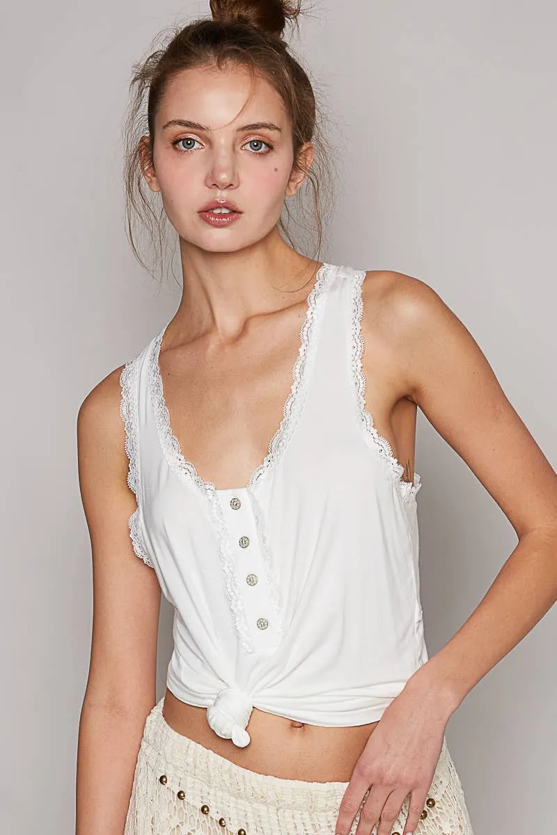 Pol Clothing - Scoop neck sleevleess lace trim back open knit top: EGG SHELL / S