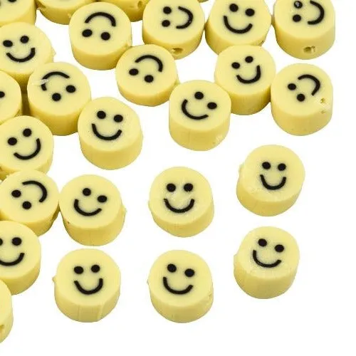 Polymer Clay Beads, Smiley Face, Flat, Round, Yellow, 5mm