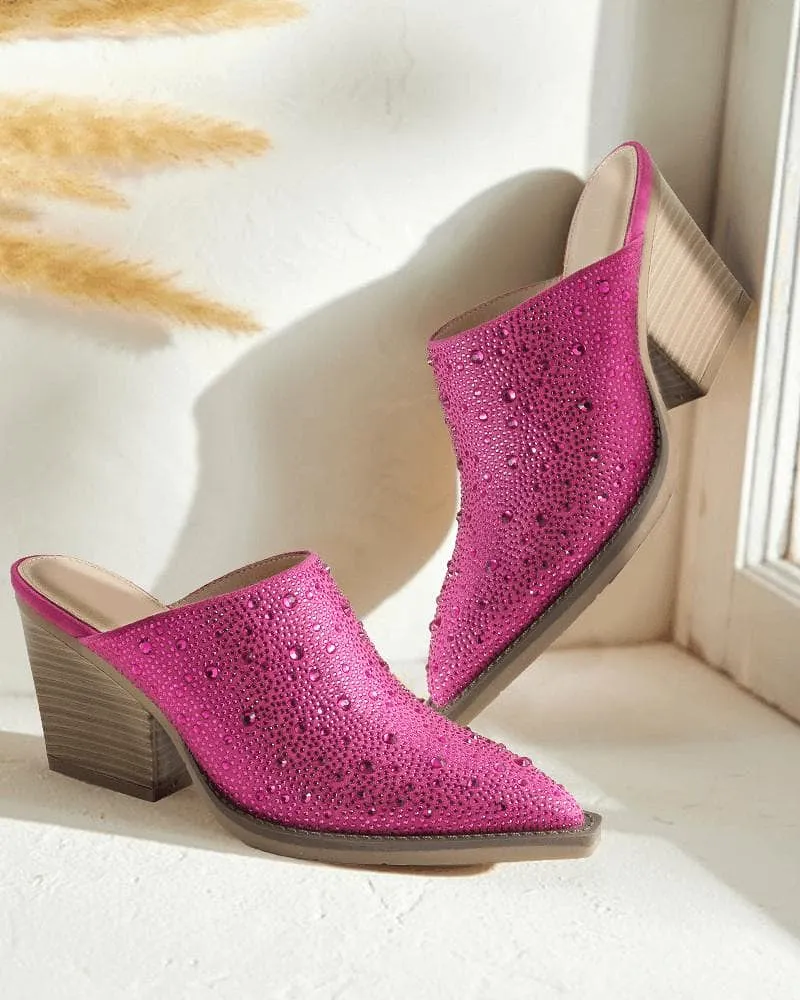 Rhinestone Pointed Toe Chunky Heel Clogs